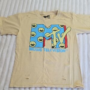 MTV Yellow Smiley Logo Tee with Blue & Red Graphic